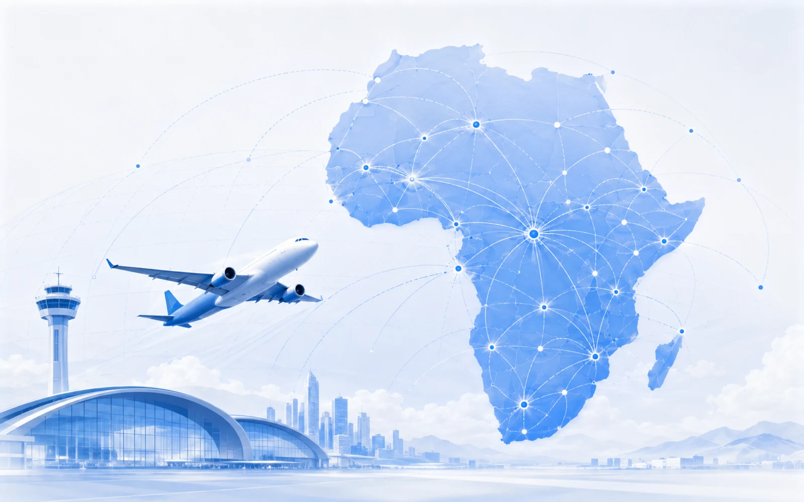 Aviation illustration showing an aircraft, airport infrastructure, and networked connectivity across Africa