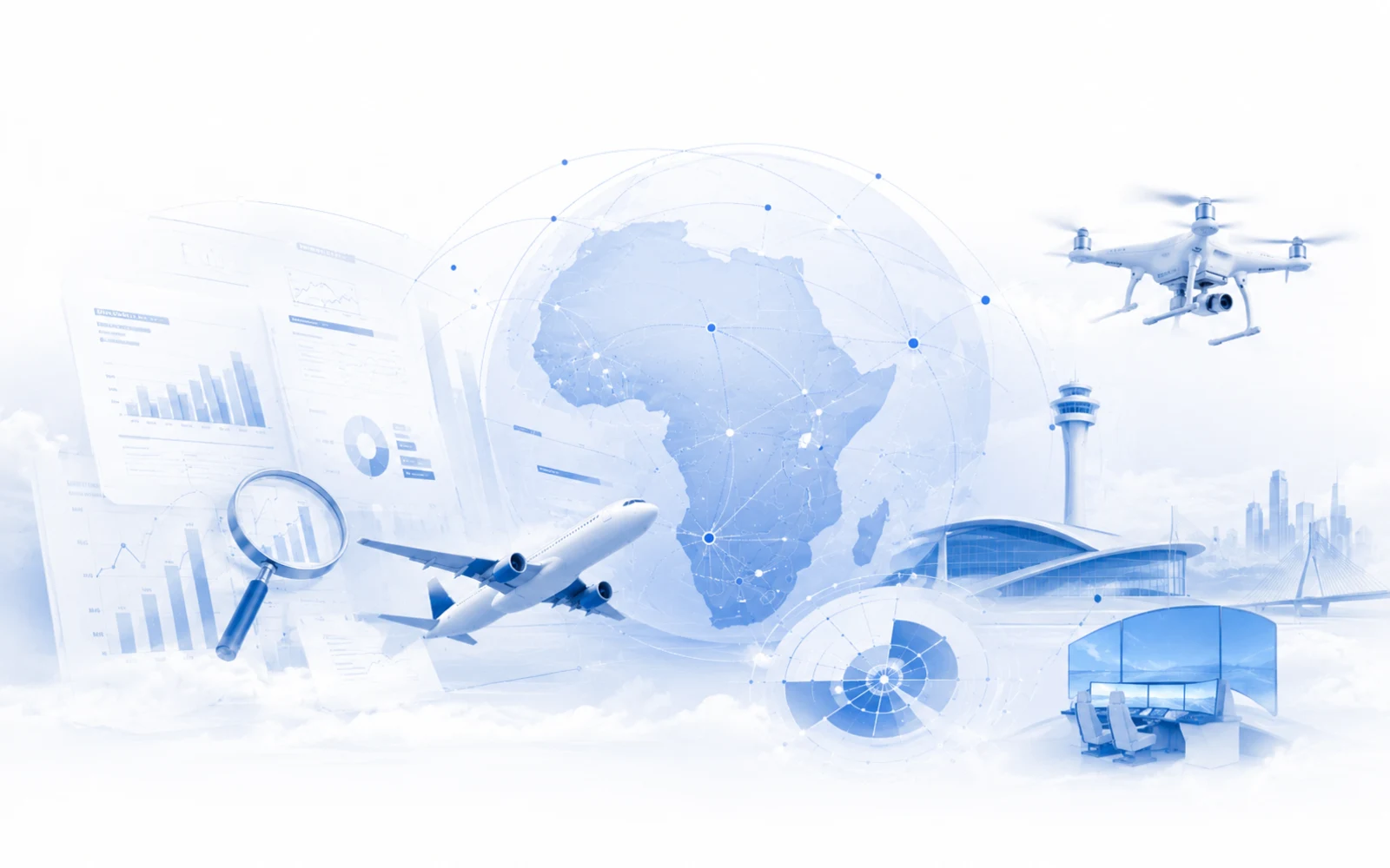 Insights illustration showing analytics, charts, and international aviation strategy