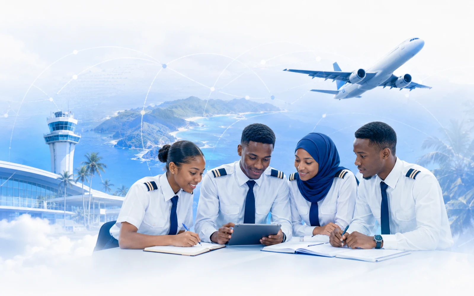 Training illustration showing aviation cadets collaborating in a modern learning environment